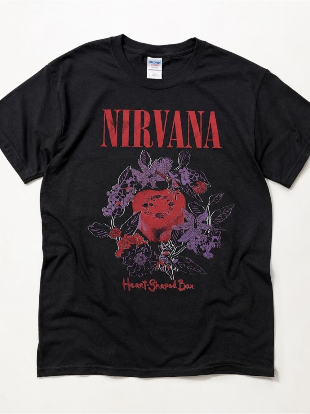 Black Nirvana Tee with Red and Purple Floral Graphic
